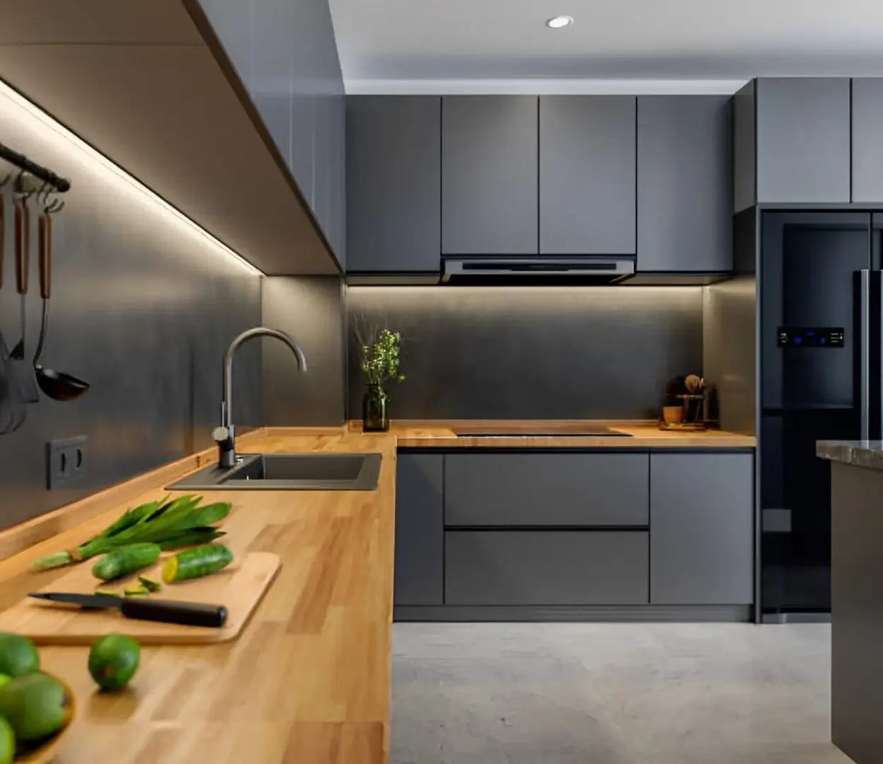 A kitchen with wooden cabinets and black appliances.